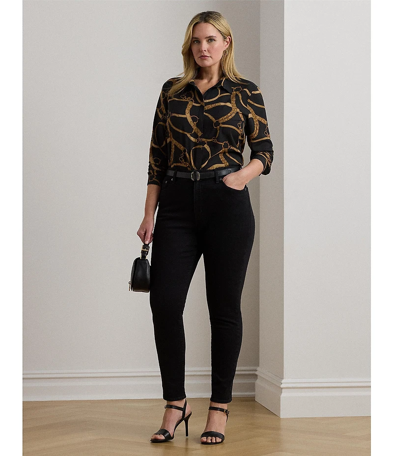 Lauren Ralph Lauren Plus Size Crepe de Chine Belting Print Point Collar Long Sleeve Button Front Shirt