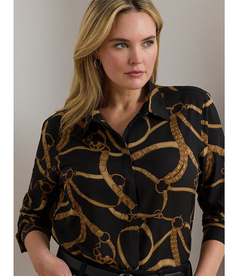 Lauren Ralph Lauren Plus Size Crepe de Chine Belting Print Point Collar Long Sleeve Button Front Shirt