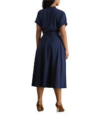 Lauren Ralph Lauren Plus Size Crepe de Chine Dotted V-Neck Short Sleeve Fit & Flare Belted Dress