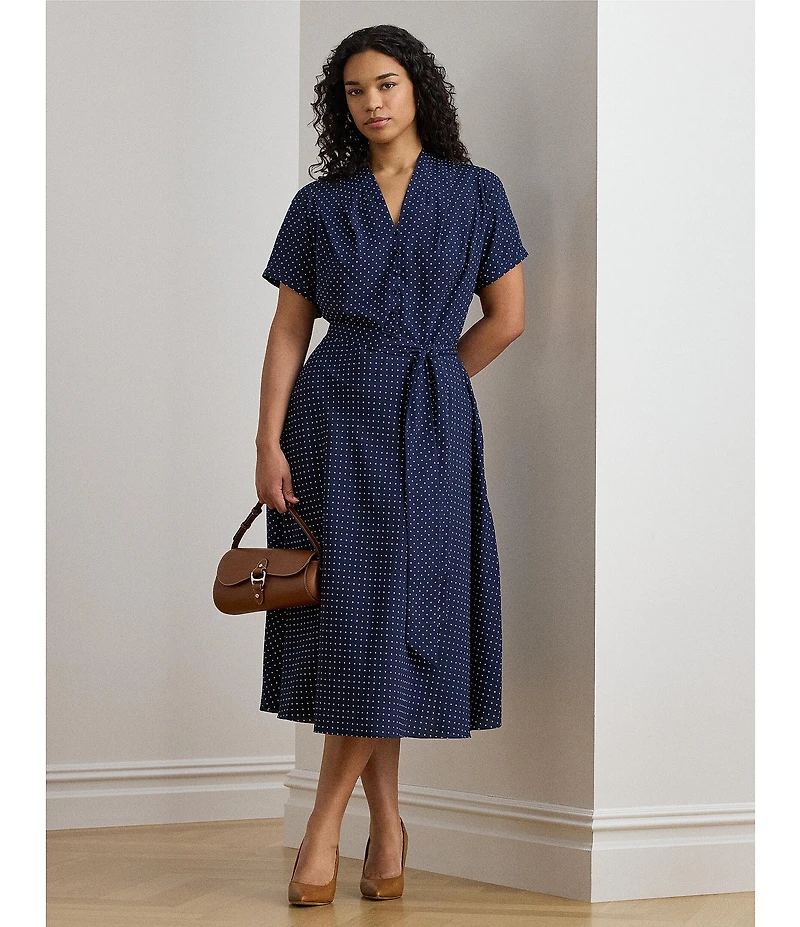 Lauren Ralph Lauren Plus Size Crepe de Chine Dotted V-Neck Short Sleeve Fit & Flare Belted Dress