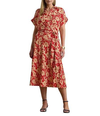 Lauren Ralph Lauren Plus Size Crepe de Chine Spread Collar Short Sleeve Belted Floral Midi Dress