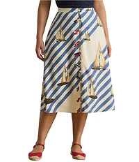 Lauren Ralph Lauren Plus Size Crepe de Chine Stripe Sailboat Sailing Flag Print A-Line Button-Front Skirt