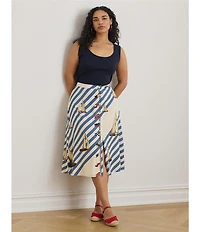 Lauren Ralph Lauren Plus Size Crepe de Chine Stripe Sailboat Sailing Flag Print A-Line Button-Front Skirt