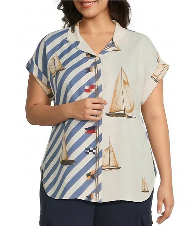 Lauren Ralph Lauren Plus Size Crepe de Chine Striped Sailboat Print Button-Front Shirt
