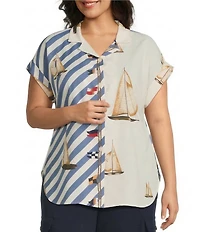 Lauren Ralph Lauren Plus Size Crepe de Chine Striped Sailboat Print Button-Front Shirt