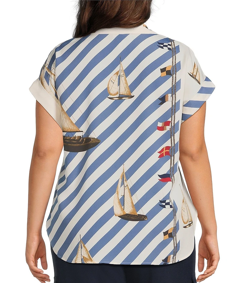 Lauren Ralph Lauren Plus Size Crepe de Chine Striped Sailboat Print Button-Front Shirt