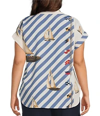 Lauren Ralph Lauren Plus Size Crepe de Chine Striped Sailboat Print Button-Front Shirt