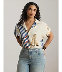 Lauren Ralph Lauren Plus Size Crepe de Chine Striped Sailboat Print Button-Front Shirt