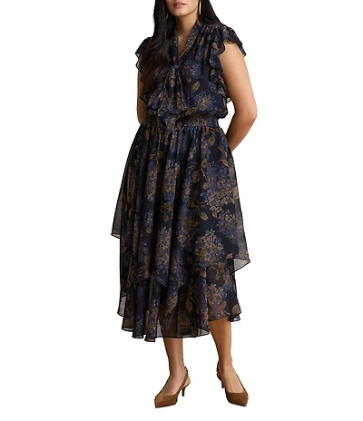 Lauren Ralph Lauren Plus Size Crinkle Georgette Floral Print Round Neck Cap Sleeve A-Line Dress