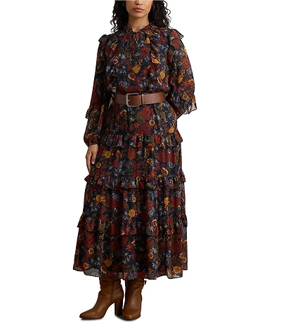 Lauren Ralph Lauren Plus Size Crinkle Georgette Floral Tiered Dress