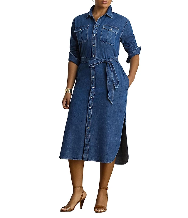 Lauren Ralph Lauren Plus Size Denim Point Collar Long Sleeve Belted Midi Length Shirt Dress