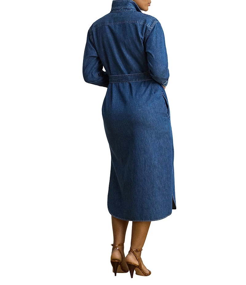 Lauren Ralph Lauren Plus Size Denim Point Collar Long Sleeve Belted Midi Length Shirt Dress