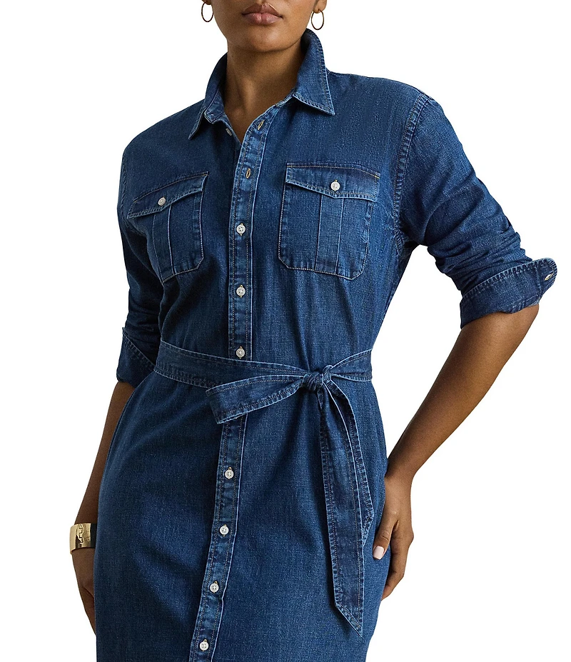 Lauren Ralph Lauren Plus Size Denim Point Collar Long Sleeve Belted Midi Length Shirt Dress