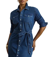 Lauren Ralph Lauren Plus Size Denim Point Collar Long Sleeve Belted Midi Length Shirt Dress