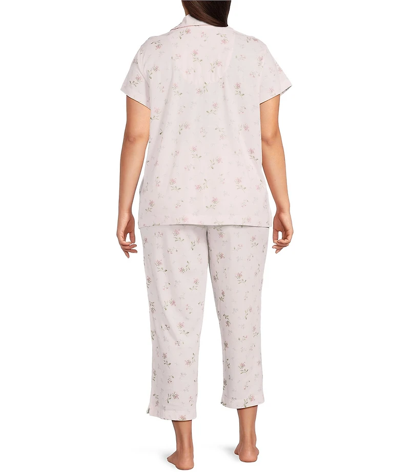 Lauren Ralph Lauren Plus Size Ditsy Bouquet Print Short Sleeve Notch Collar Knit Cropped Pajama Set