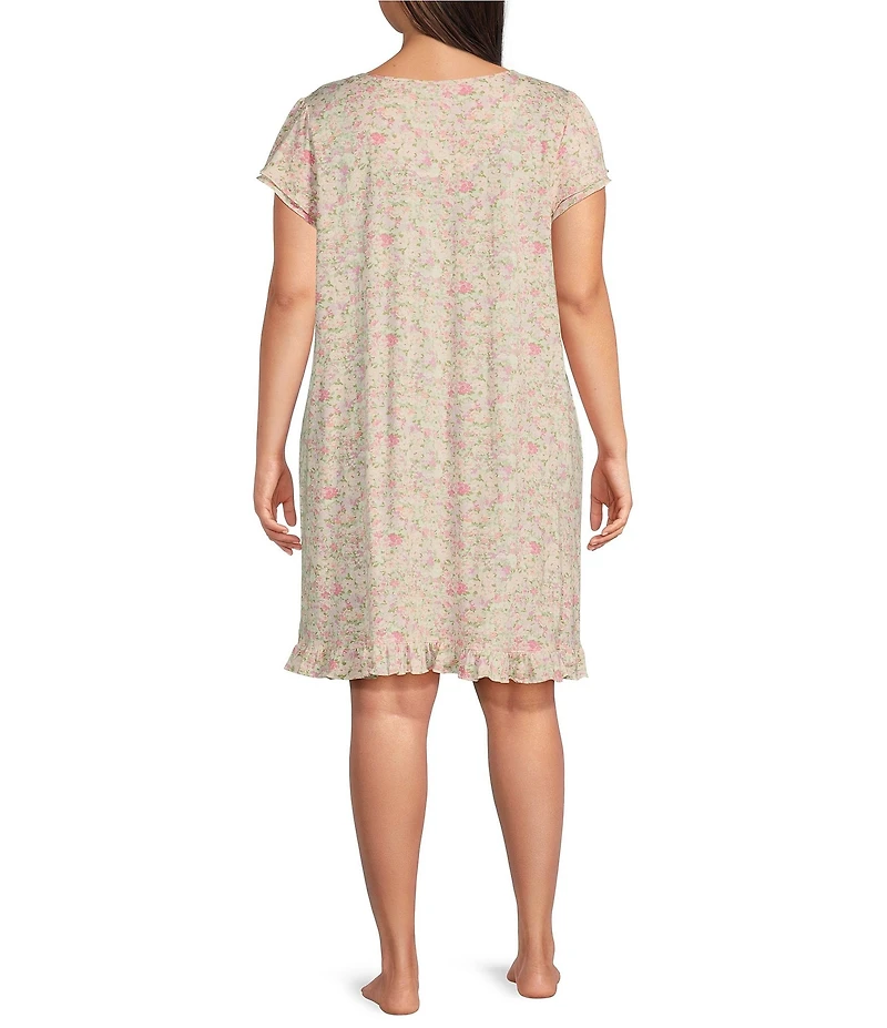 Lauren Ralph Lauren Plus Size Double Flutter Sleeve Keyhole Neck Jersey Knit Multi-Floral Print Nightgown