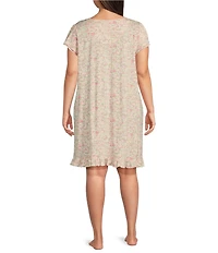 Lauren Ralph Lauren Plus Size Double Flutter Sleeve Keyhole Neck Jersey Knit Multi-Floral Print Nightgown