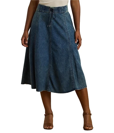 Lauren Ralph Lauren Plus Size Drawcord Waist A-Line Denim Midi Skirt