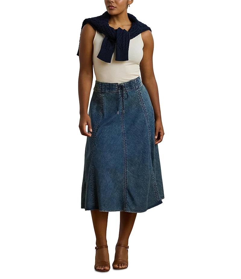 Lauren Ralph Lauren Plus Size Drawcord Waist A-Line Denim Midi Skirt