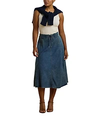 Lauren Ralph Lauren Plus Size Drawcord Waist A-Line Denim Midi Skirt