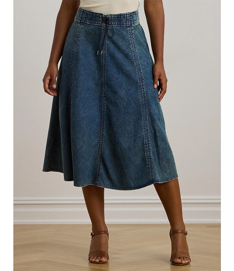 Lauren Ralph Lauren Plus Size Drawcord Waist A-Line Denim Midi Skirt