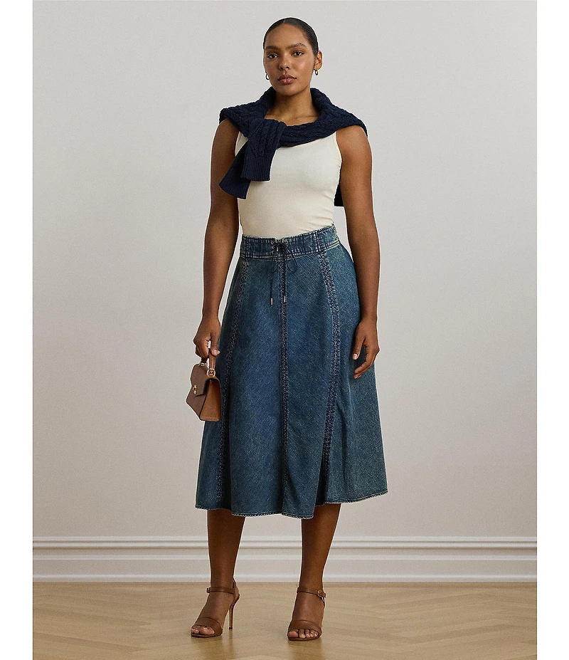 Lauren Ralph Lauren Plus Size Drawcord Waist A-Line Denim Midi Skirt