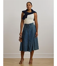 Lauren Ralph Lauren Plus Size Drawcord Waist A-Line Denim Midi Skirt