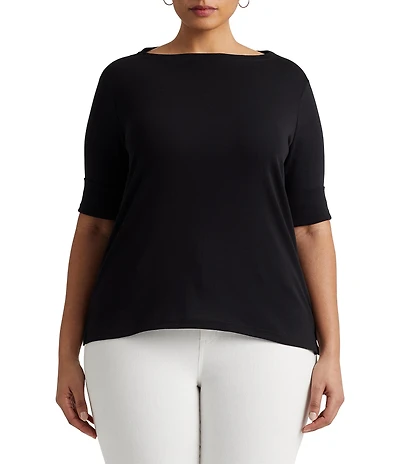 Lauren Ralph Lauren Plus Size Stretch Cotton Boat Neck Short Folded Elbow Sleeve Top