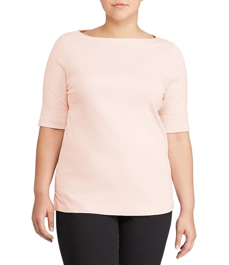 Lauren Ralph Lauren Plus Size Stretch Cotton Boat Neck Short Folded Elbow Sleeve Top