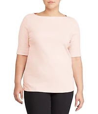 Lauren Ralph Lauren Plus Size Stretch Cotton Boat Neck Short Folded Elbow Sleeve Top