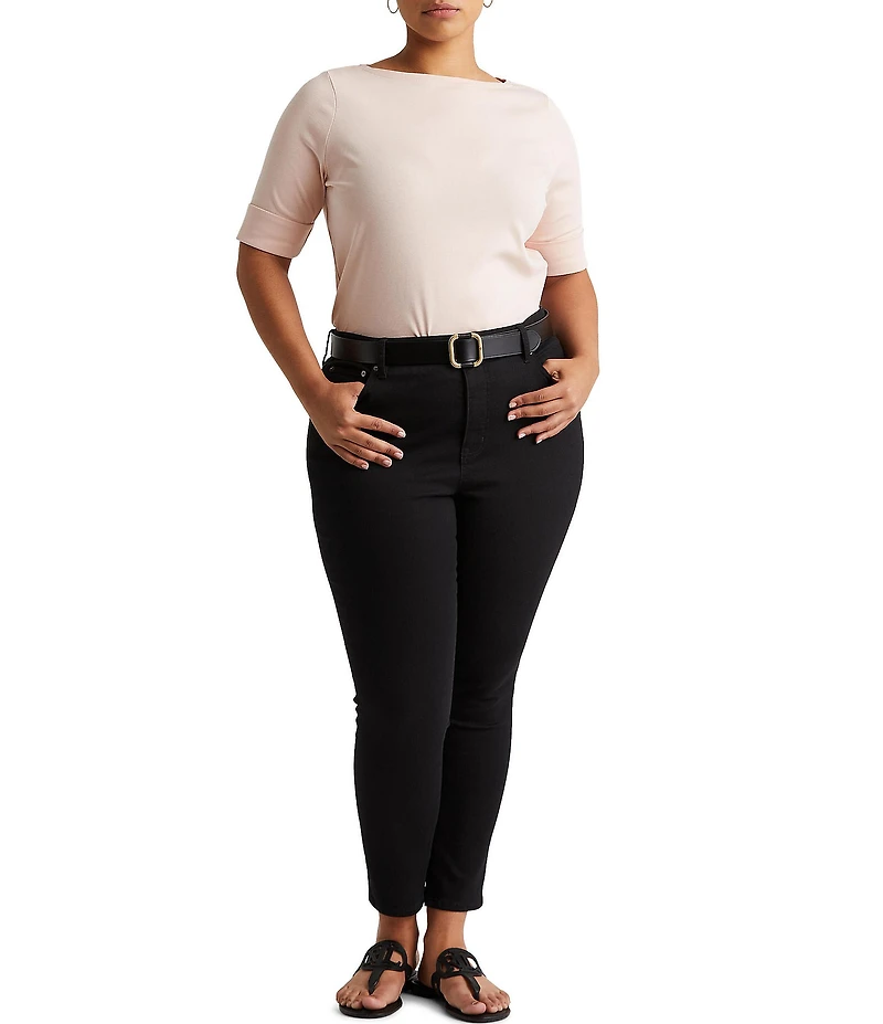 Lauren Ralph Lauren Plus Size Stretch Cotton Boat Neck Short Folded Elbow Sleeve Top
