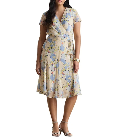 Lauren Ralph Lauren Plus Size Floral Crinkle Georgette Surplice Dress