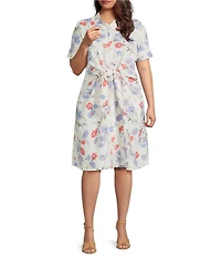 Lauren Ralph Lauren Plus Size Floral Point Collar Elbow Sleeve Tie Front Shirt Dress