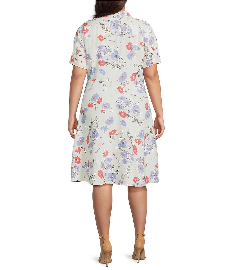 Lauren Ralph Lauren Plus Size Floral Point Collar Elbow Sleeve Tie Front Shirt Dress
