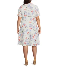 Lauren Ralph Lauren Plus Size Floral Point Collar Elbow Sleeve Tie Front Shirt Dress