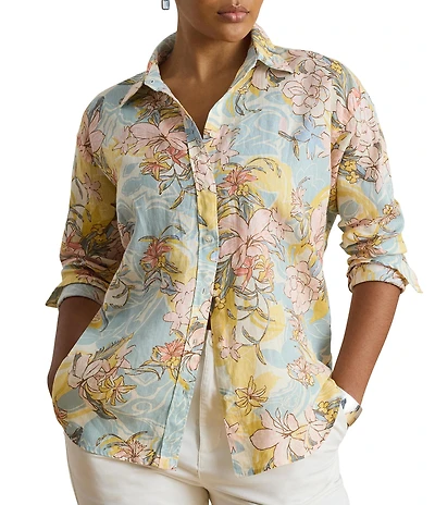 Lauren Ralph Lauren Plus Size Floral Point Collar Long Sleeve Button-Front Shirt