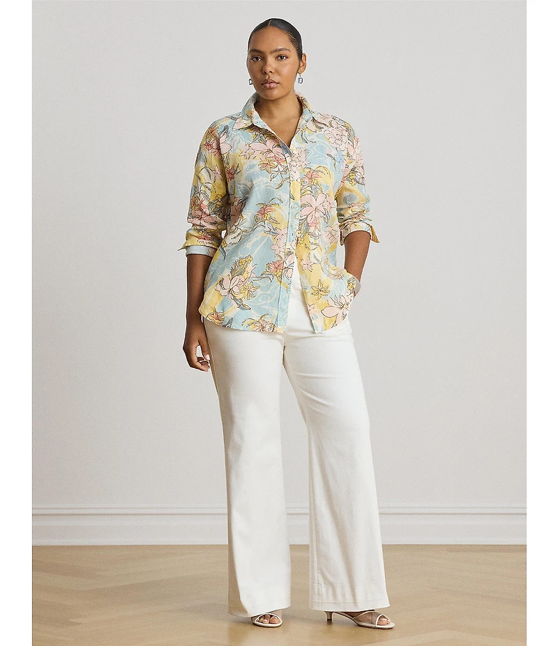 Lauren Ralph Lauren Plus Size Floral Point Collar Long Sleeve Button-Front Shirt