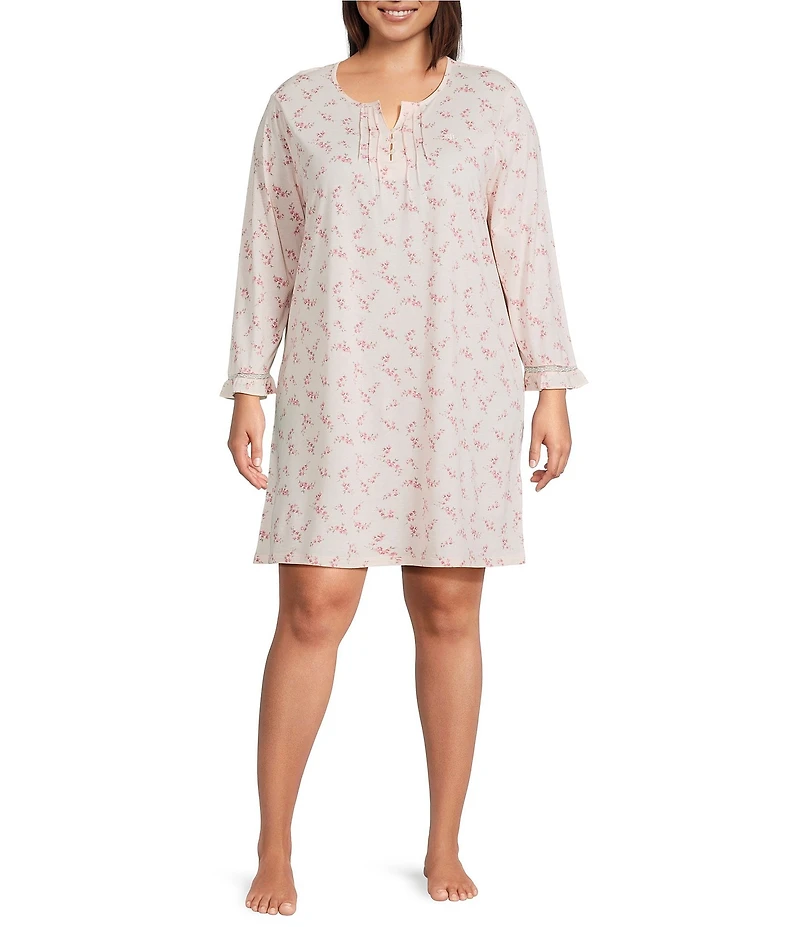 Lauren Ralph Lauren Plus Size Floral Print 3/4 Sleeve Split Neck Knit Nightgown