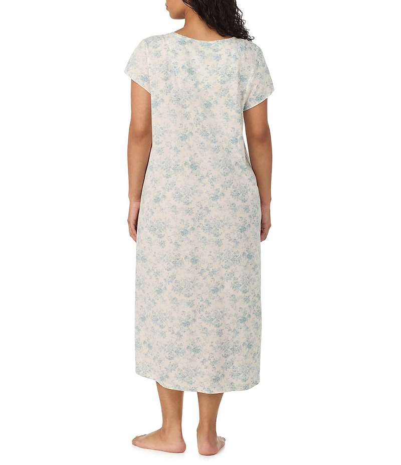 Lauren Ralph Lauren Plus Size Floral Print Flutter Sleeve V-Neck Jersey Knit Ballet Nightgown