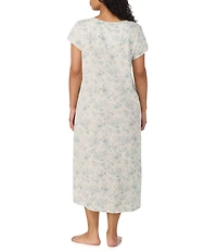 Lauren Ralph Lauren Plus Size Floral Print Flutter Sleeve V-Neck Jersey Knit Ballet Nightgown