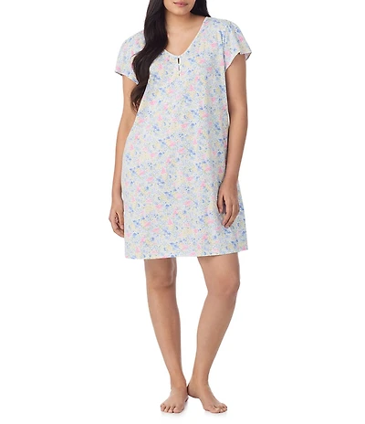 Lauren Ralph Lauren Plus Size Floral Print Flutter Sleeve V-Neck Jersey Knit Nightgown