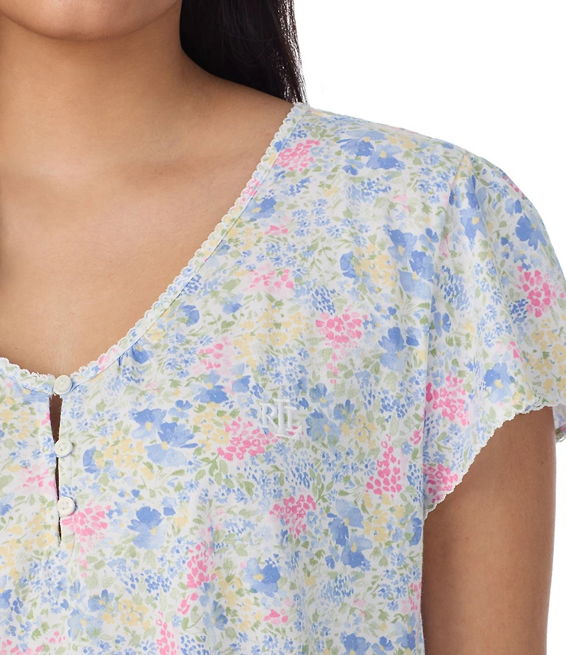 Lauren Ralph Lauren Plus Size Floral Print Flutter Sleeve V-Neck Jersey Knit Nightgown