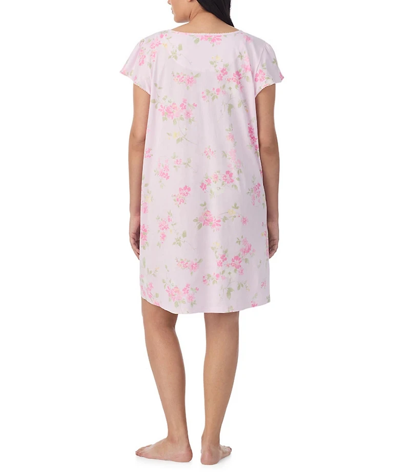 Lauren Ralph Lauren Plus Size Floral Print Flutter Sleeve V-Neck Jersey Knit Nightgown