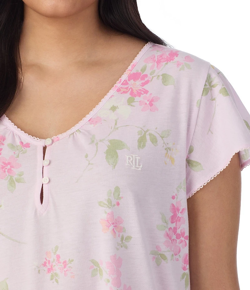 Lauren Ralph Lauren Plus Size Floral Print Flutter Sleeve V-Neck Jersey Knit Nightgown