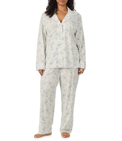 Lauren Ralph Lauren Plus Size Floral Print Long Sleeve Notch Collar Jersey Knit Pant Pajama Set