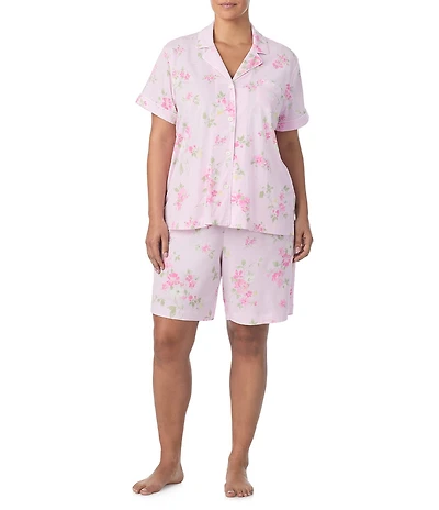 Lauren Ralph Lauren Plus Size Floral Print Short Sleeve Notch Collar Jersey Knit Bermuda Short Pajama Set