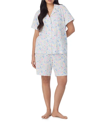 Lauren Ralph Lauren Plus Size Floral Print Short Sleeve Notch Collar Jersey Knit Bermuda Short Pajama Set