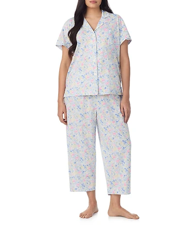 Lauren Ralph Lauren Plus Size Floral Print Short Sleeve Notch Collar Jersey Knit Cropped Pajama Set