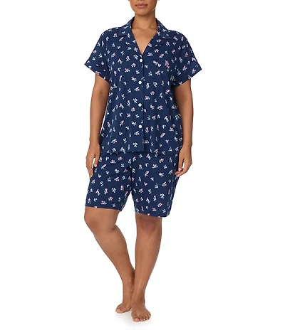 Lauren Ralph Lauren Plus Size Floral Print Short Sleeve Notch Collar Knit Bermuda Pajama Set