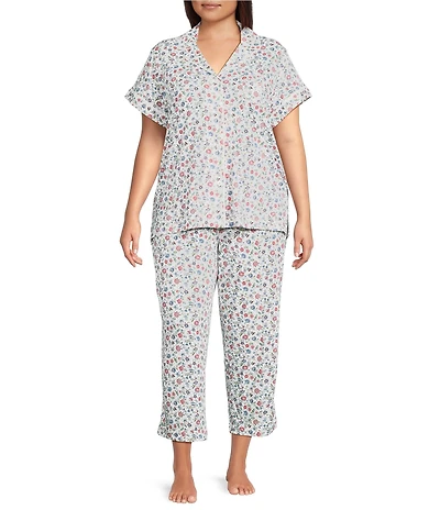 Lauren Ralph Lauren Plus Size Floral Print Short Sleeve Notch Collar Knit Cropped Pajama Set